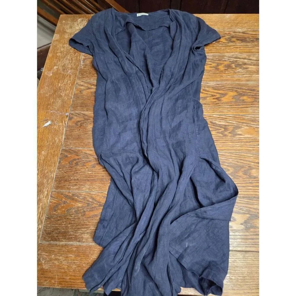 Black Crane  blue short sleeve Linen Midi Duster Jacket sz Small